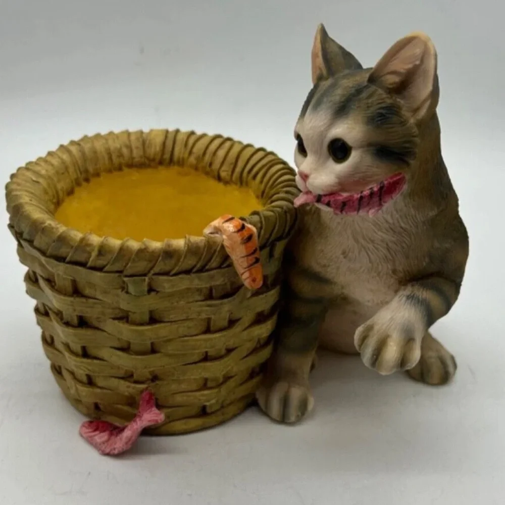 Charming Cat and Basket Figurine - Brown and Tan. Can be used as a Planter.
